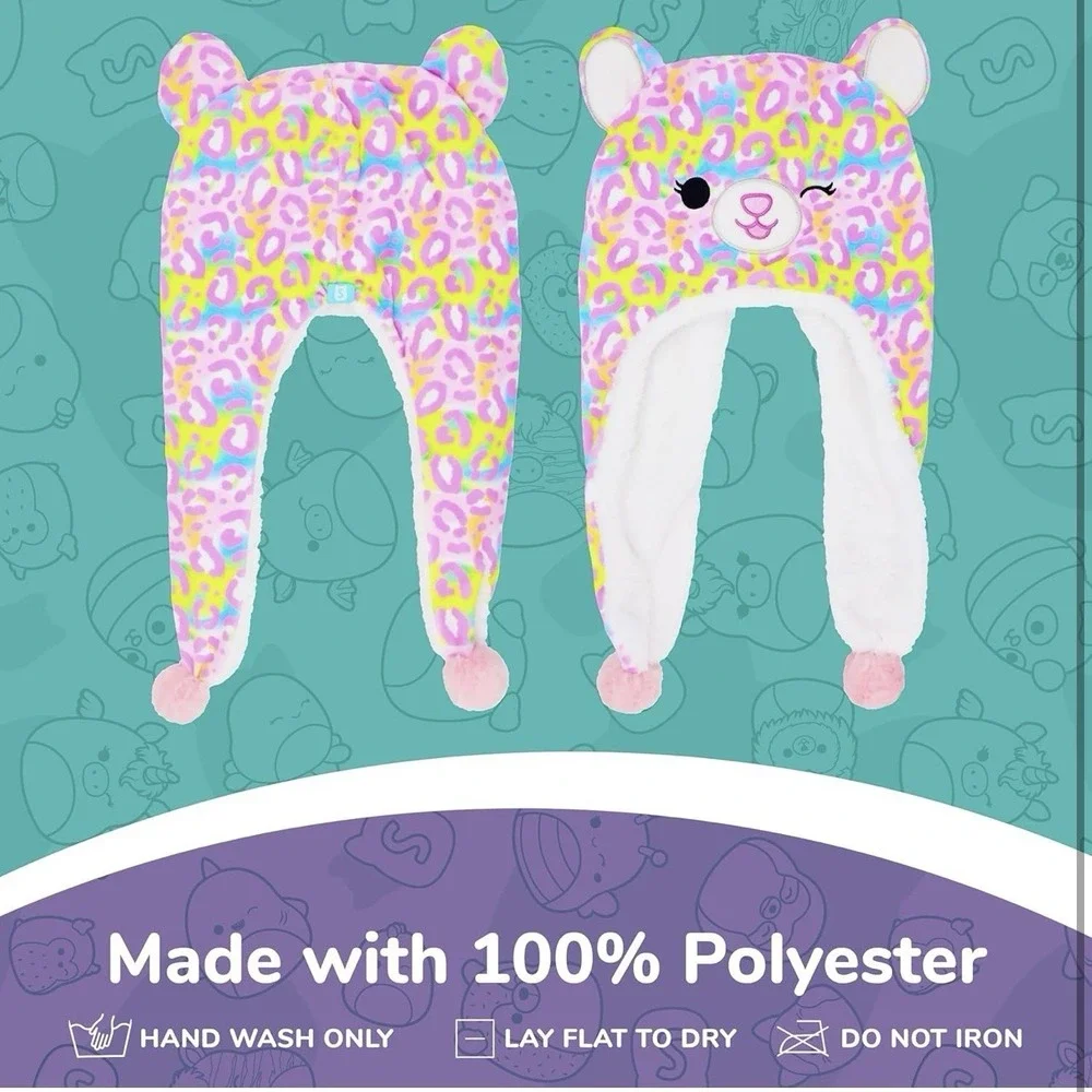 Squishmallows Michaela Hat Gloves Set‎ Ears Pom Pom Pink Leopard Winter Cap NWT